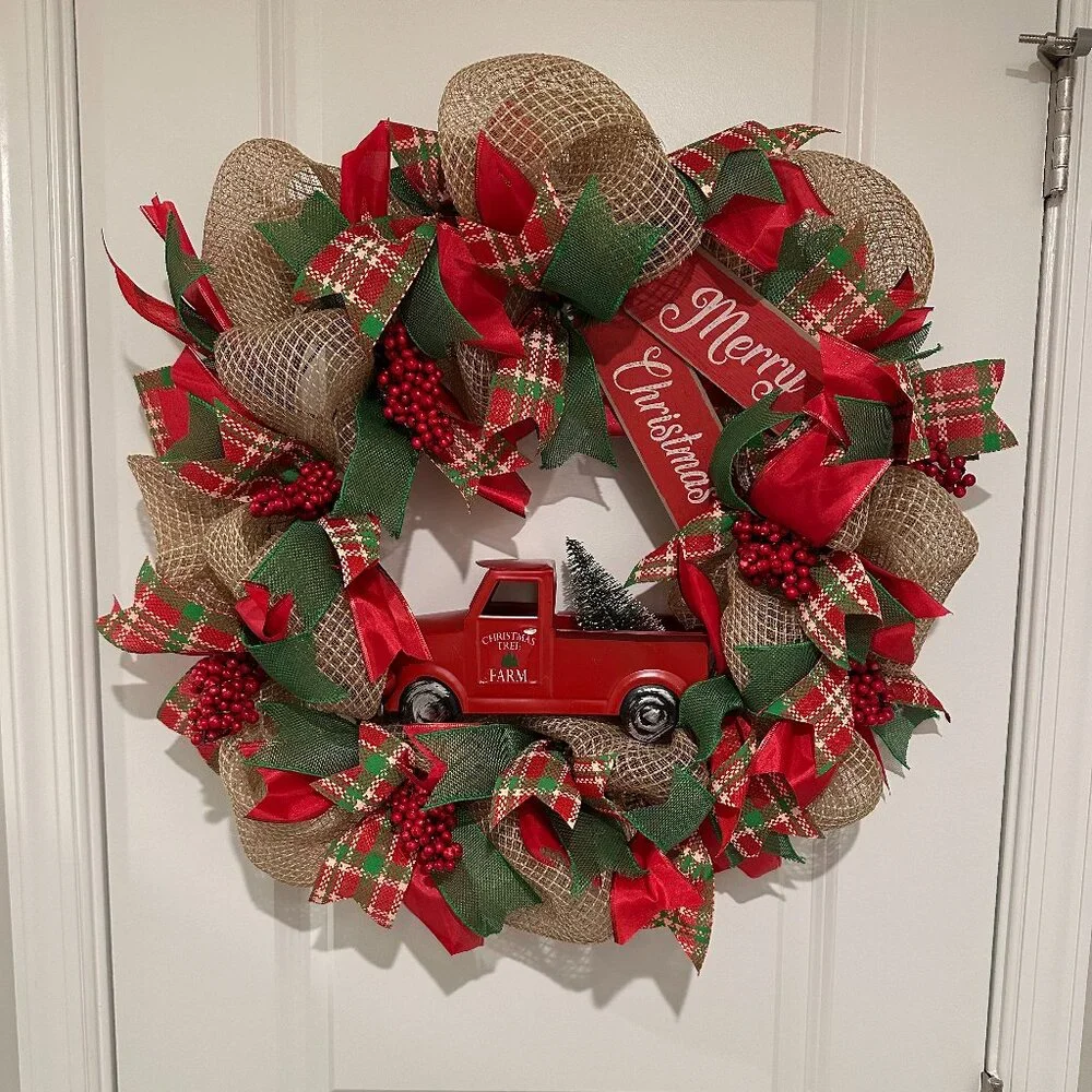 Red Truck Christmas Wreath Farmhouse Plaid Rustic Holiday Decor Made to Order